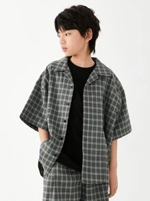 男大童青年寬鬆半袖格紋襯衫,韓語風格街舞蹈嘻哈夏天上衣
