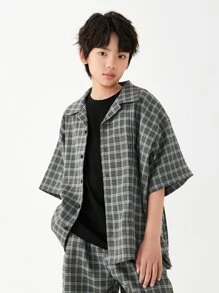 男大童青年寬鬆半袖格紋襯衫,韓語風格街舞蹈嘻哈夏天上衣