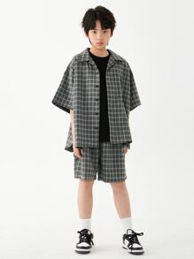 男大童青年寬鬆半袖格紋襯衫,韓語風格街舞蹈嘻哈夏天上衣