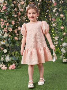 少女綴飾雕花蓬蓬袖荷葉邊肥料洋裝 - 淺粉色 - 查看 1