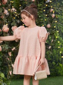 少女綴飾雕花蓬蓬袖荷葉邊肥料洋裝 - 淺粉色 - 查看 3