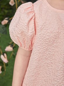 少女綴飾雕花蓬蓬袖荷葉邊肥料洋裝 - 淺粉色 - 查看 6