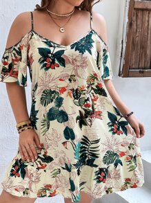 SHEIN VCAY Plus Tropical Print Cold Shoulder Ruffle Hem Dress