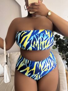 SHEIN Swim Curve Plus Size Allover Print Bandeau Bikini Set Summer Beach - Multicolor - View 1