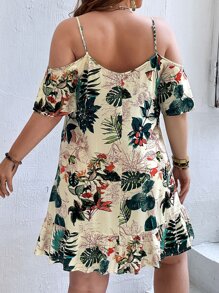 SHEIN VCAY Plus Tropical Print Cold Shoulder Ruffle Hem Dress