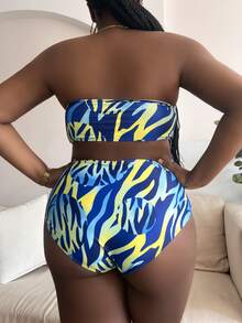 SHEIN Swim Curve Plus Size Allover Print Bandeau Bikini Set Summer Beach - Multicolor - View 2
