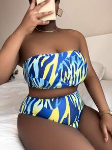 SHEIN Swim Curve Plus Size Allover Print Bandeau Bikini Set Summer Beach - Multicolor - View 4