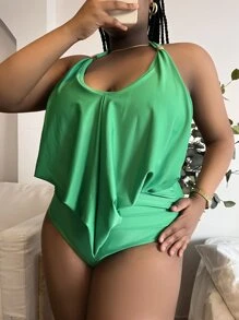 SHEIN Swim Curve Plus Size Solid Halter High Waisted Tankini Summer Beach - Green - View 4