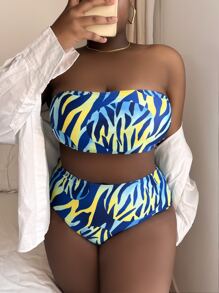 SHEIN Swim Curve Plus Size Allover Print Bandeau Bikini Set Summer Beach - Multicolor - View 5