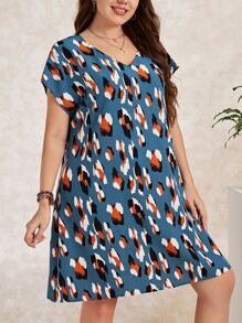 EMERY ROSE Plus Allover Print Batwing Sleeve Tunic Dress - Multicolor - View 1