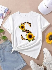 SHEIN 1 Áo thun ngắn tay thời trang in hình hoa hướng dương, da báo & chữ cho bé gái, mùa hè - trắng - Xem 1