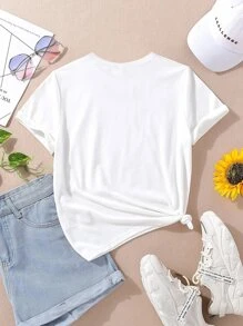 SHEIN 1 Áo thun ngắn tay thời trang in hình hoa hướng dương, da báo & chữ cho bé gái, mùa hè - trắng - Xem 2