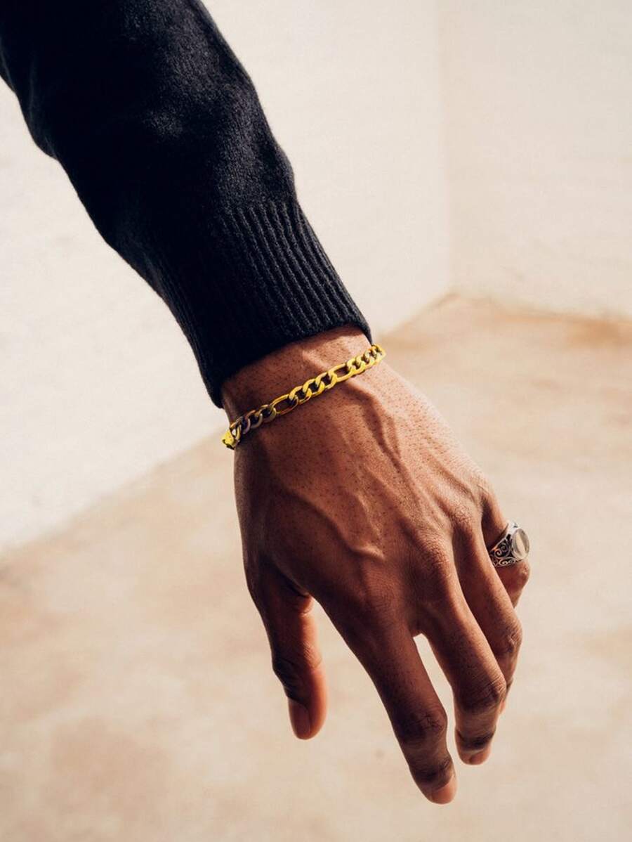 Fashionable And Popular 1pc Men Minimalist Chain Bracelet, Stainless Steel Jewelry For Jewelry Gift And For A Stylish Look - Yellow Gold - View 1
