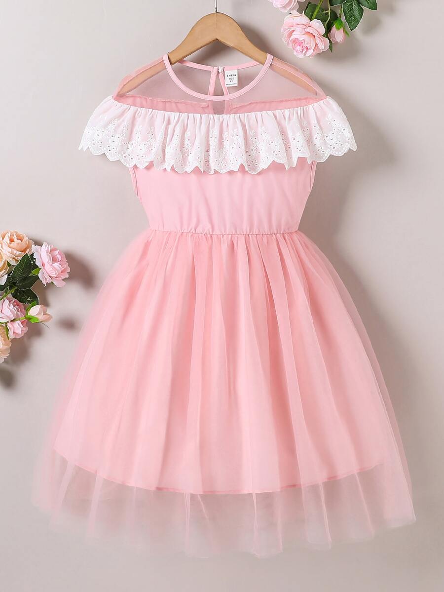 女孩網紗拼接荷葉邊洋裝 - 粉色 - 查看 1