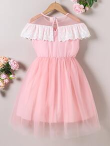 女孩網紗拼接荷葉邊洋裝 - 粉色 - 查看 2
