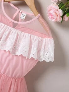 女孩網紗拼接荷葉邊洋裝 - 粉色 - 查看 5