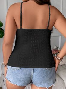 SHEIN Holidaya 大碼前扭結網眼刺繡吊帶上衣 - 黑色 - 查看 2