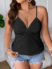 SHEIN Holidaya 大碼前扭結網眼刺繡吊帶上衣 - 黑色 - 查看 3