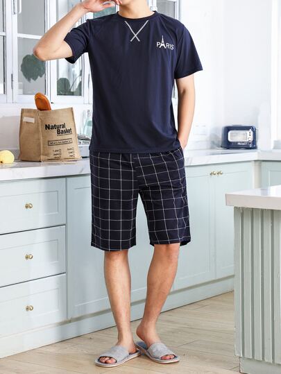 Guys Letter Graphic Sleep Tee & Plaid Print Shorts