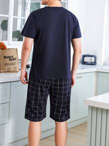 Men Letter Graphic Sleep Tee & Plaid Print Shorts - Navy Blue - View 2
