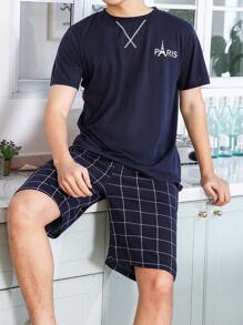 Men Letter Graphic Sleep Tee & Plaid Print Shorts - Navy Blue - View 4