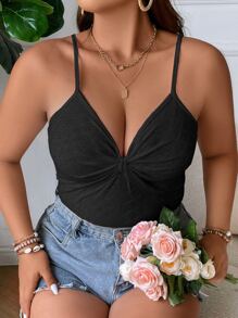 SHEIN Holidaya 大碼前扭結網眼刺繡吊帶上衣 - 黑色 - 查看 7