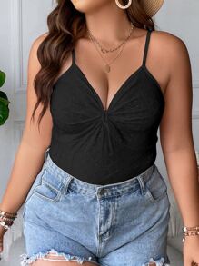 SHEIN Holidaya 大碼前扭結網眼刺繡吊帶上衣 - 黑色 - 查看 8