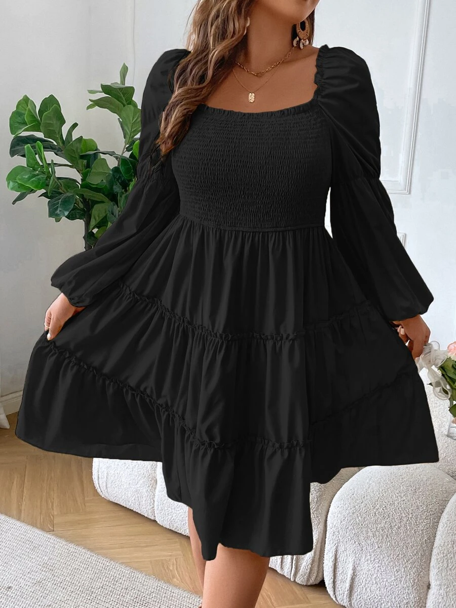 SHEIN Clasi Vestido de cuello cuadrado de manga farol bajo con fruncido - Negro - Ver 1