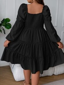 SHEIN Clasi Vestido de cuello cuadrado de manga farol bajo con fruncido - Negro - Ver 2