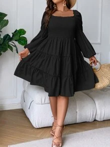 SHEIN Clasi Vestido de cuello cuadrado de manga farol bajo con fruncido - Negro - Ver 3