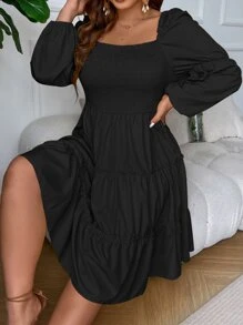 SHEIN Clasi Vestido de cuello cuadrado de manga farol bajo con fruncido - Negro - Ver 4