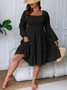 SHEIN Clasi Vestido de cuello cuadrado de manga farol bajo con fruncido - Negro - Ver 5