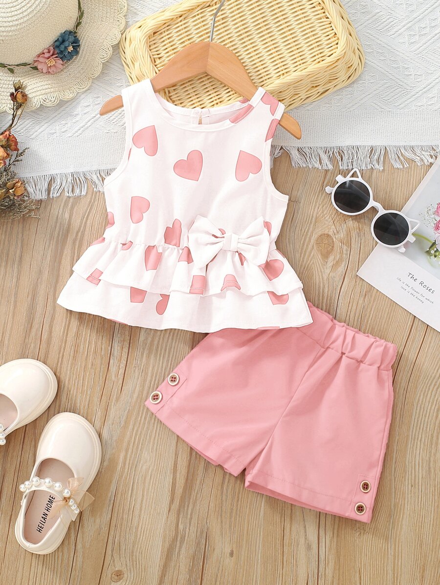 Young Girl Heart Print Bow Front Peplum Tank Top & Button Shorts