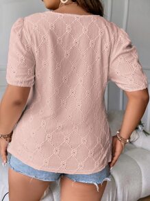 SHEIN LUNE Plus Eyelet Embroidery Puff Sleeve Tee - Baby Pink - View 2