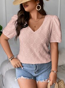SHEIN LUNE Plus Eyelet Embroidery Puff Sleeve Tee - Baby Pink - View 4