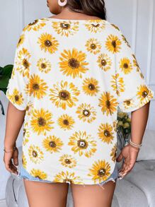 SHEIN LUNE Plus Floral Print Batwing Sleeve Tee - Multicolor - View 2