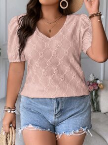 SHEIN LUNE Plus Eyelet Embroidery Puff Sleeve Tee - Baby Pink - View 8
