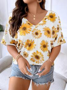 SHEIN LUNE Plus Floral Print Batwing Sleeve Tee - Multicolor - View 3