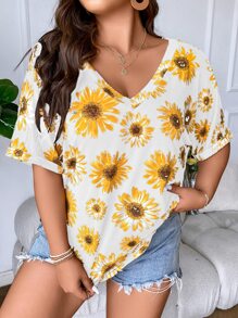 SHEIN LUNE Plus Floral Print Batwing Sleeve Tee - Multicolor - View 4