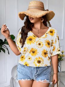 SHEIN LUNE Plus Floral Print Batwing Sleeve Tee - Multicolor - View 5