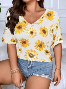 SHEIN LUNE Plus Floral Print Batwing Sleeve Tee - Multicolor - View 6