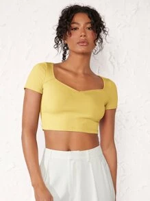 SHEIN BASICS Sweetheart Neck Crop Tee - Yellow - View 1