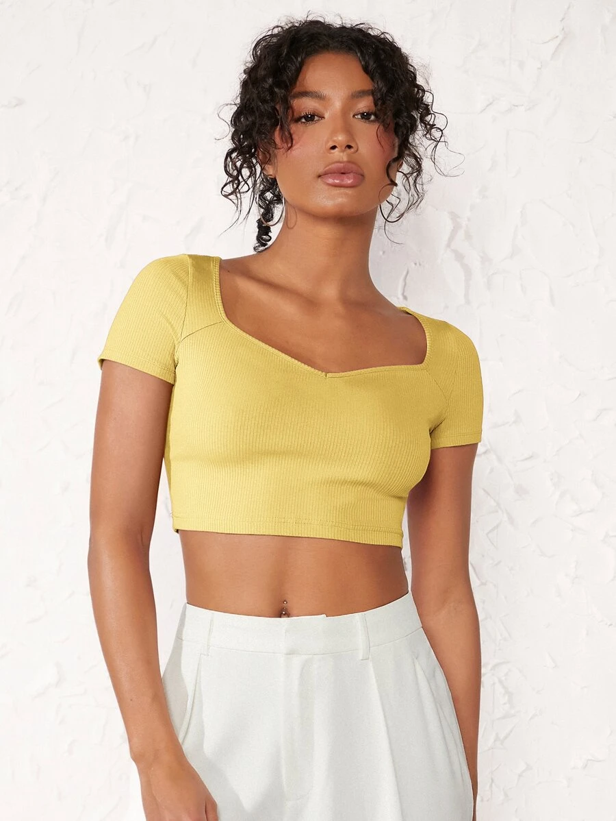 SHEIN BASICS Sweetheart Neck Crop Tee - Yellow - View 1
