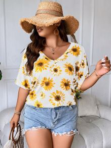 SHEIN LUNE Plus Floral Print Batwing Sleeve Tee - Multicolor - View 7