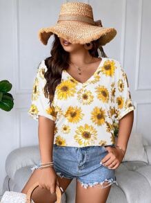 SHEIN LUNE Plus Floral Print Batwing Sleeve Tee - Multicolor - View 8