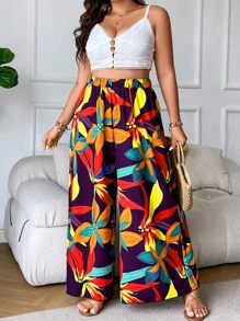 SHEIN Holidaya Plus Allover Floral Print Wide Leg Trousers - Multicolor - View 5