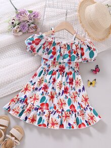 Toddler Girls Floral Print Cold Shoulder Ruffle Trim Dress - White - View 1