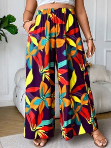 SHEIN Holidaya Plus Allover Floral Print Wide Leg Trousers - Multicolor - View 7
