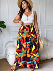 SHEIN Holidaya Plus Allover Floral Print Wide Leg Trousers - Multicolor - View 8