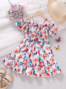 Toddler Girls Floral Print Cold Shoulder Ruffle Trim Dress - White - View 2